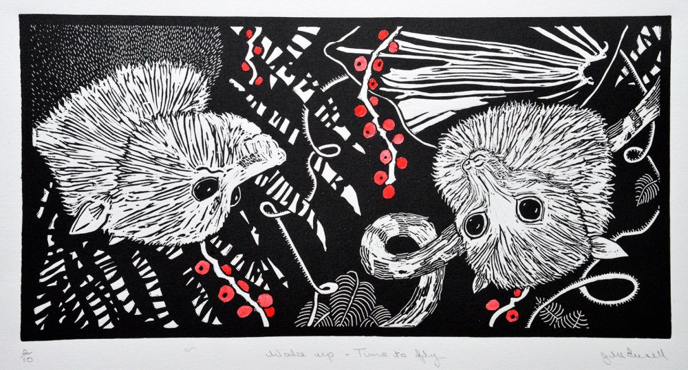 Linocut of two bats called Wake Up - Time to Fly
