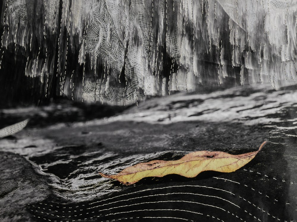 Embroidered photo of a leaf.